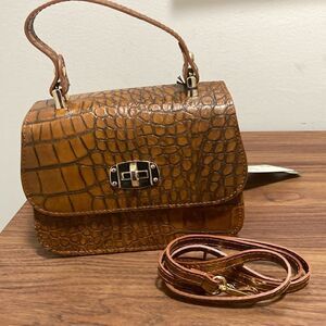NWT Santo Couture Handbag Croc Embossed Cognac Leather withTop Handle & Strap.
